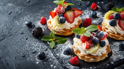 Sticker - Homemade fruit pastry with cream and sugar on dark background