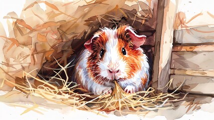 Canvas Print - A watercolor painting of a guinea pig eating hay in a cage.