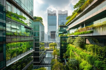 Wall Mural - A photo of a modern city skyline with green spaces incorporated into the architecture. The image is taken from a perspective within the buildings, with a daytime sky in the background