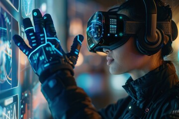 A woman wearing a VR headset and gloves interacts with a digital interface, highlighting the immersive potential of virtual reality technology