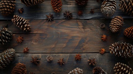 Wall Mural - Cone decorations arranged on a vintage dark wooden table Overhead perspective