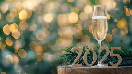 Wooden numerals 2025 with champagne glass on bokeh background. Happy New Year greeting card. New Year concept