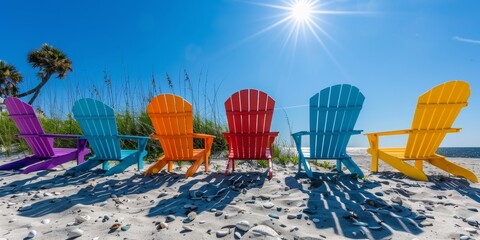 Colorful beach chairs under the sunny sky, blue sky, white clouds, summer vacation, holiday vacation, seaside, leisure time, weekend, vacation, graduation season, travel, retirement life, enjoy life, 