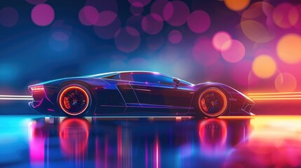 Wall Mural - Side view fast speed sport car silhouette on neon glowing modern style. AI generated image