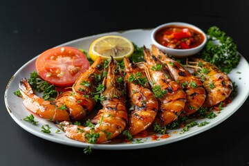 Wall Mural - Grilled shrimp with garnish on a white plate