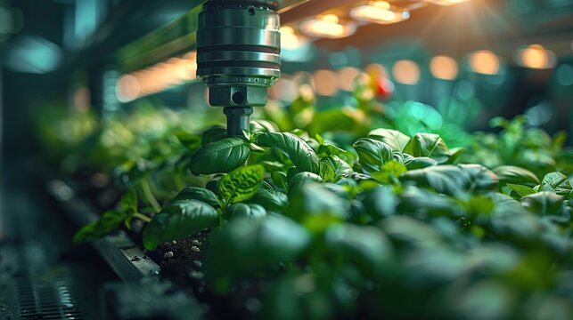 Close-up of a robotic arm working in a hydroponic greenhouse