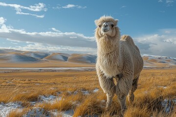 A Bactrian camel standing in the Gobi Desert, its thick, shaggy coat and two humps adapted to the harsh, arid environment. 