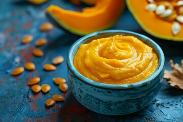 Canvas Print - Pumpkin Puree in a Blue Bowl,
pumpkin