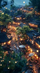 Wall Mural - Rainy Night in a Chinese Village with Lanterns