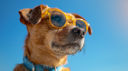 Wall Mural - Cute dog wearing yellow sunglasses on isolated blue background.