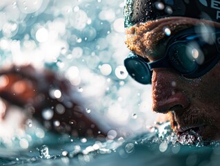 Swimmer touching the wall in a freestyle race, early morning, underwater view, water splashing, victory expression