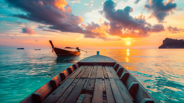 Wooden boats floating on the clear sea during sunset