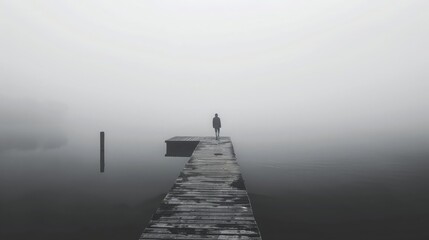 Wall Mural - Solitary person on a Misty moody Dock