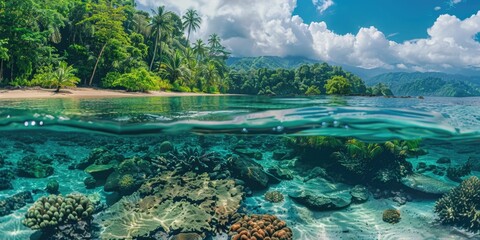 Wall Mural - Underwater scene of a tropical island with coral reefs and marine life