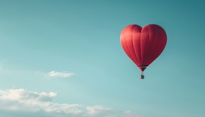  A heart-shaped hot air balloon gracefully floats in a clear blue sky, symbolizing love, freedom, and adventure.