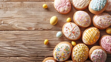 Wall Mural - Easter themed Homemade Cookies Displayed on Wooden Table with Space for Text