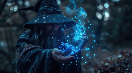 Smart wizard casting magical spell while preparing for ceremony at fantasy forest with glowing flower. Professional attractive witch testing his powerful magical spell or luminous magic