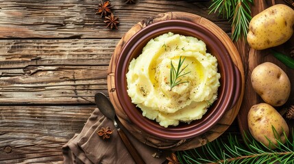 Wall Mural - Closeup of bowl of mashed potatoes on wooden surface