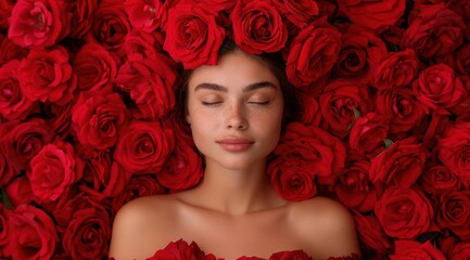 Canvas Print - woman surrounded by red roses