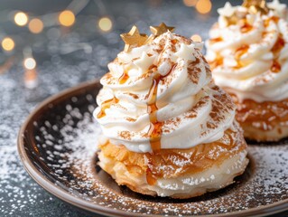 Wall Mural - Festive holiday dessert with whipped cream and golden stars
