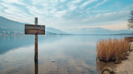 Poster - Serene lakeside view with wooden cross