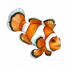 Poster - A charming clownfish with bold orange and white stripes, cute cartoon ink watercolor illustration isolated on a white background