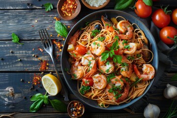 Wall Mural - Shrimp Pasta with Fresh Tomatoes and Herbs