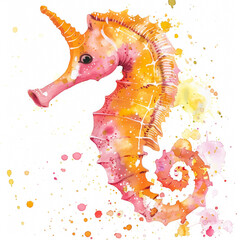 Poster - A charming seahorse with delicate pink and orange hues, cute cartoon ink watercolor illustration isolated on a white background