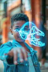 Wall Mural - A young boy wearing a denim jacket reaches out towards the viewer, with a neon blue dinosaur skull digitally superimposed over his face