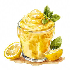 Poster - A creamy pastel-yellow lemon curd, simple watercolor illustration isolated on a white background 