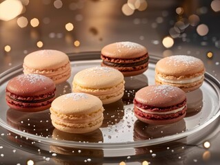 Canvas Print - Assorted macarons on a plate with holiday lights