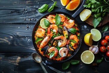 Wall Mural - Delicious Seafood Paella With Fresh Ingredients