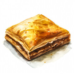 Sticker - A delightful golden-brown baklava, simple watercolor illustration isolated on a white background 