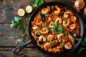 Wall Mural - Seafood Paella in a Cast Iron Skillet