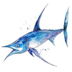 a friendly swordfish with sleek blue and silver markings, cute cartoon ink watercolor illustration i