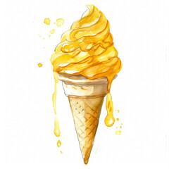 Canvas Print - A golden-hued saffron ice cream, simple watercolor illustration isolated on a white background 