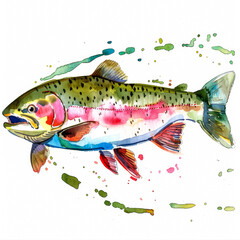 Poster - A joyful rainbow trout with bright green and pink stripes, cute cartoon ink watercolor illustration isolated on a white background