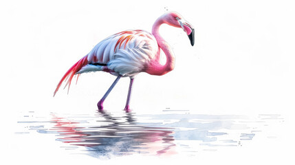 A majestic flamingo in soft pink hues standing in shallow water, simple watercolor illustration isolated on a white background 