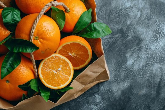 Fresh Oranges In Brown Paper Bag With Green Leaves