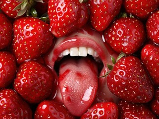 Poster - Delicious red strawberries with an open mouth