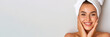 © Innese - Smiling young woman with towel on head enjoying spa or skin care treatments, banner, white background with copy space