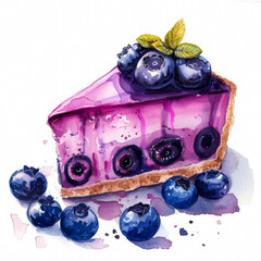 Sticker - A sumptuous deep-blue blueberry cheesecake, simple watercolor illustration isolated on a white background 