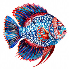 Poster - A vibrant discus fish with intricate blue and red patterns, cute cartoon ink watercolor illustration isolated on a white background