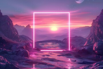 Canvas Print - Futuristic Neon Sunset in Surreal Landscape