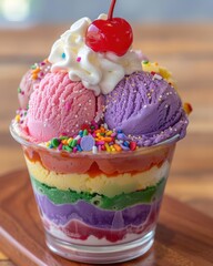 Wall Mural - Colorful layered ice cream sundae with sprinkles and cherry on top