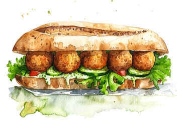 Wall Mural - Falafel sandwich with crispy falafel balls, fresh cucumber, and tangy tzatziki sauce, simple watercolor illustration isolated on a white background 
