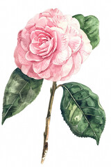 Wall Mural - Gentle pink camellia with glossy green leaf, simple watercolor illustration isolated on a white background 