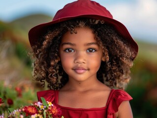 Poster - young girl with curly hair in red dress holding flowers