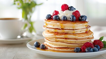 Canvas Print - Delicious homemade pancakes with fresh berries and honey