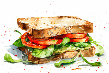 Sticker - Hummus and veggie sandwich with creamy hummus, vibrant red bell peppers, and fresh spinach, simple watercolor illustration isolated on a white background 